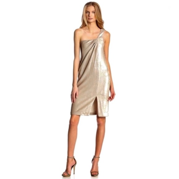 NEW HALSTON HERITAGE ONE-SHOULDER TWIST DRAPE SEQUIN MINI DRESS - Picture 7 of 8
